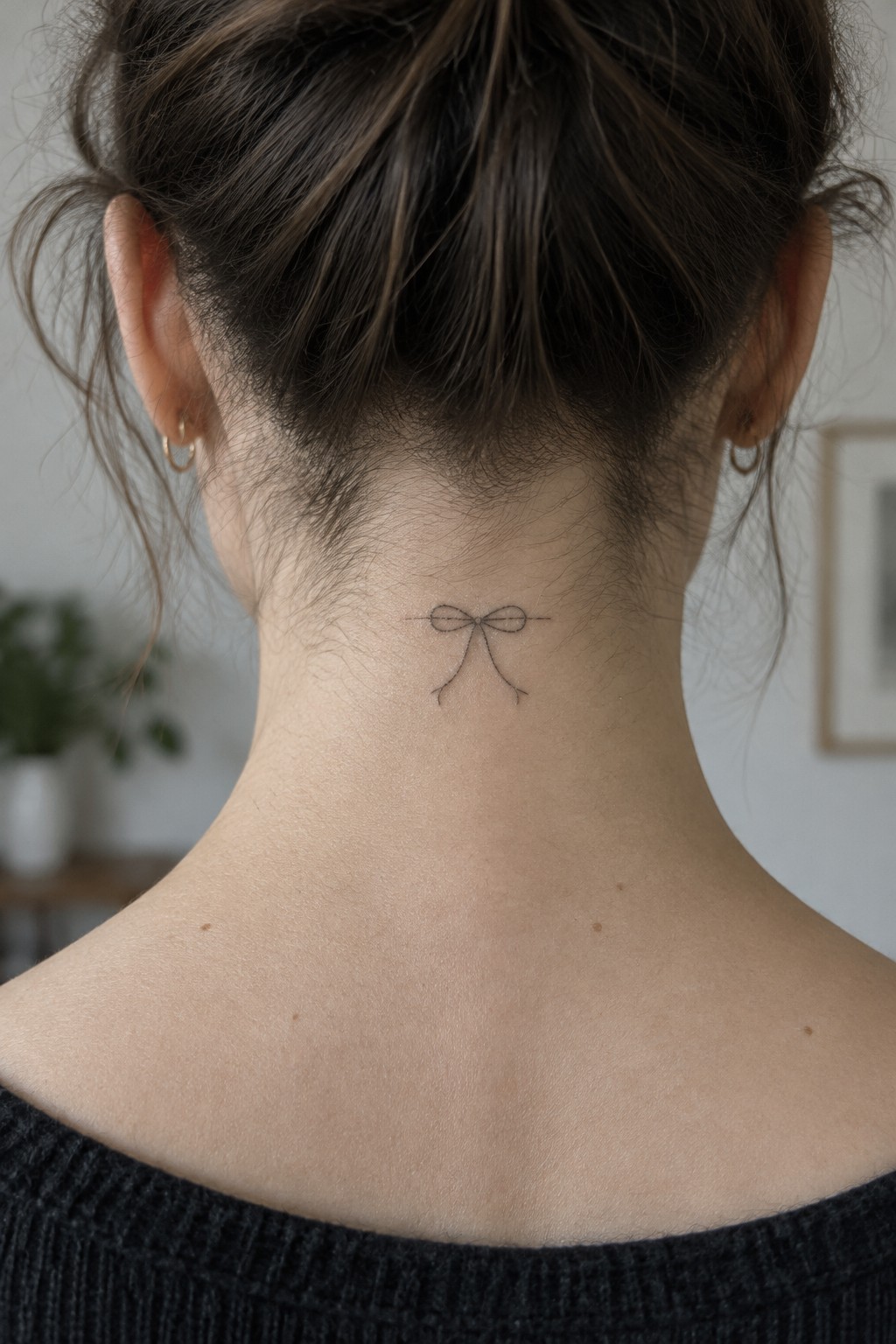 Nape of neck with small bow tattoo, dark hair in bun, black sweater, gold hoops