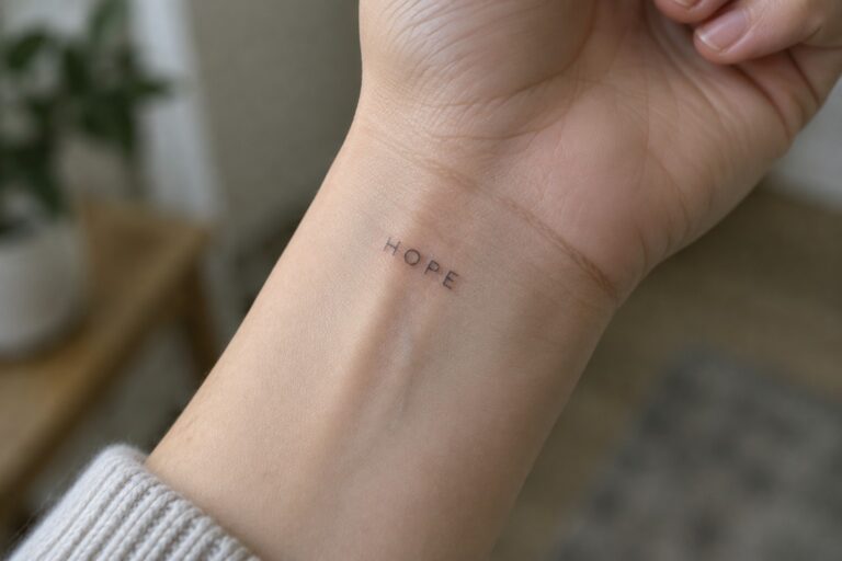 18 Minimalist Word Tattoos Featuring Short, Readable Lettering Close-up of inner wrist with black "HOPE" tattoo above dark ribbed sleeve.