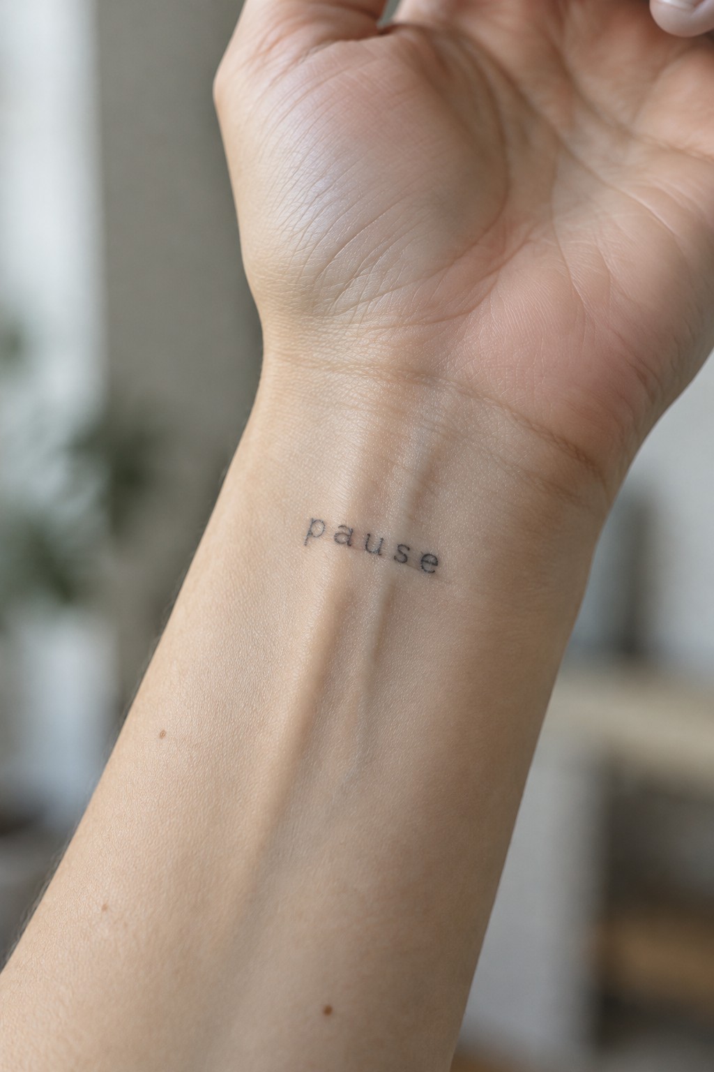 Small black ink tattoo of the word pause on the inner wrist in clean minimalist lettering