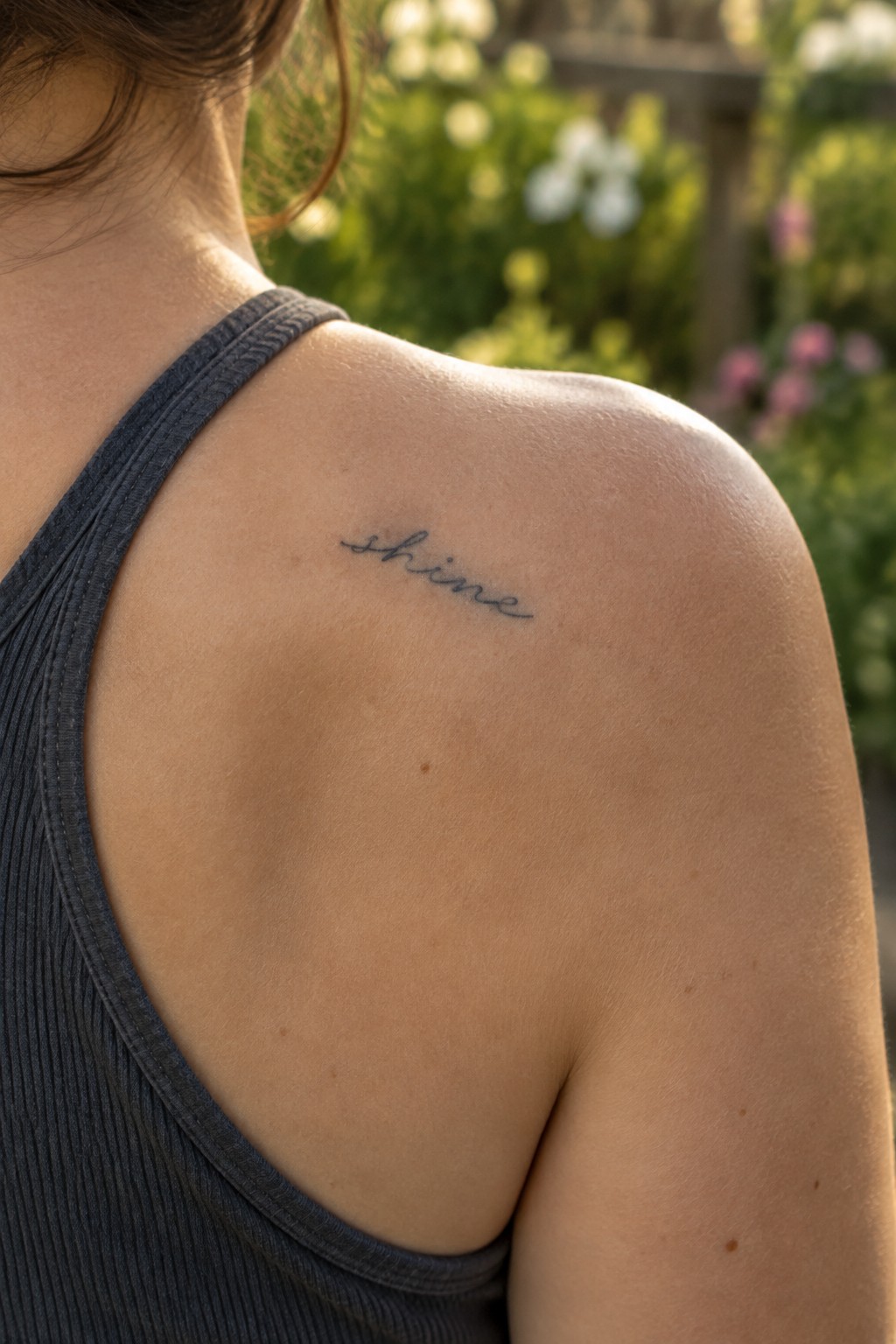 Minimalist cursive tattoo of the word shine on the shoulder