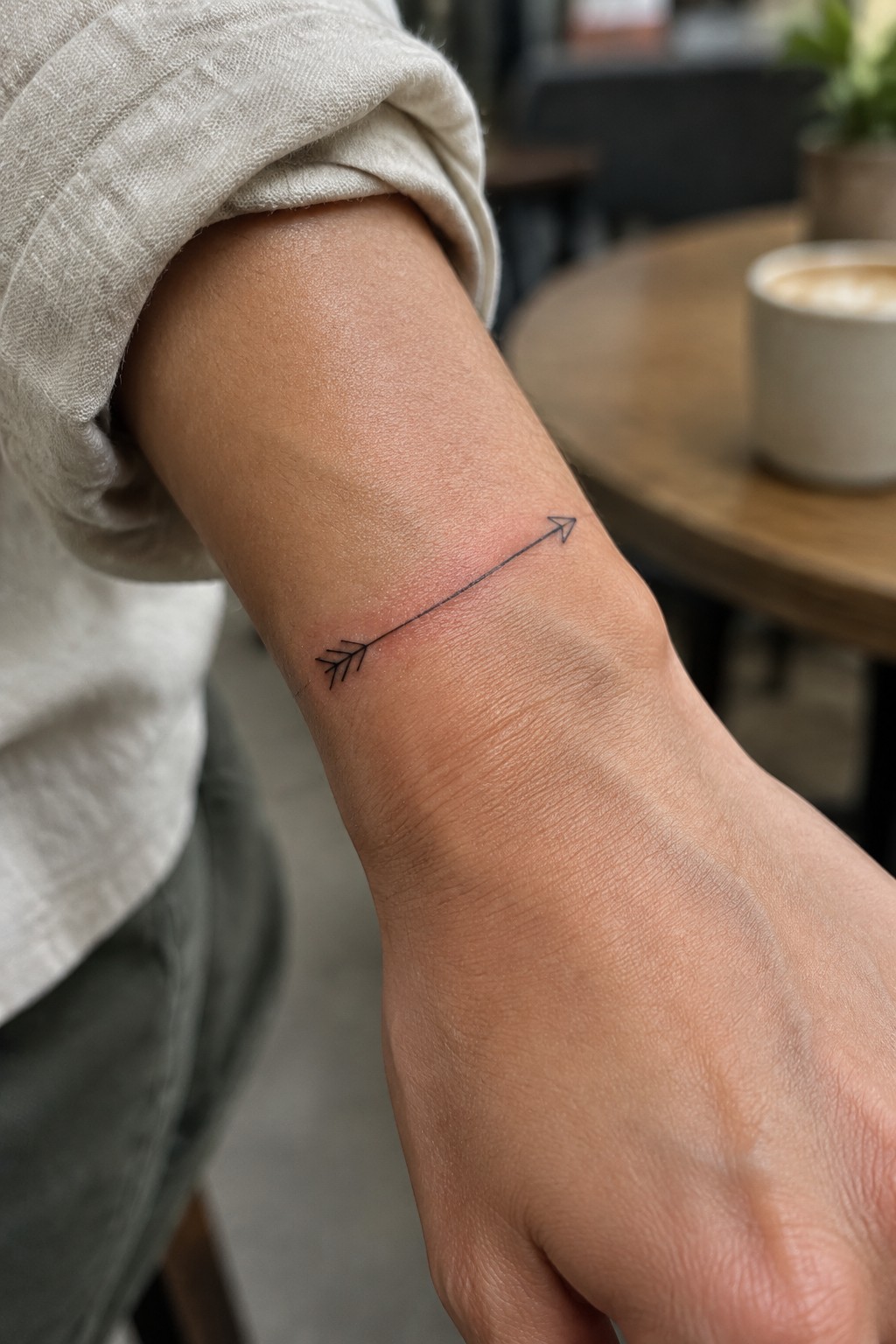 Small minimalist arrow tattoo on the inner wrist with fine black lines and simple fletching detail