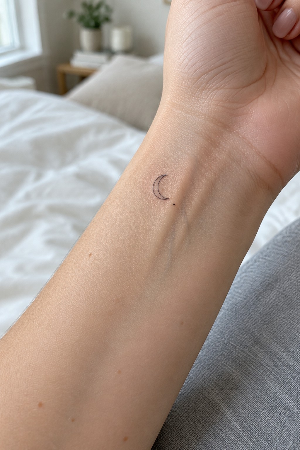Tiny crescent moon tattoo with dot on inner wrist in bedroom setting