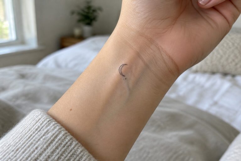 Tiny crescent moon tattoo with dot on inner wrist in bedroom setting