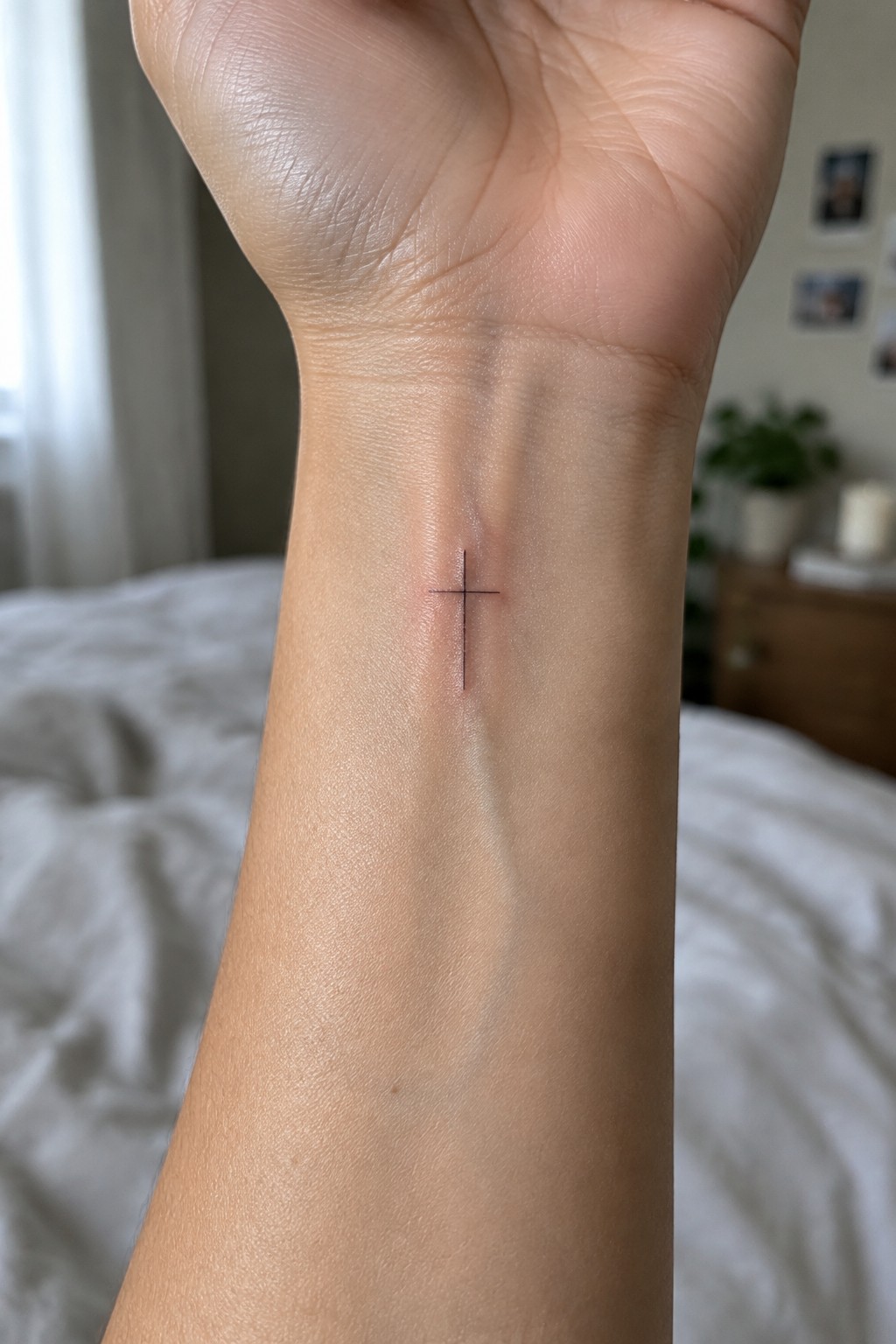 Small fine line cross tattoo centered on the inner wrist