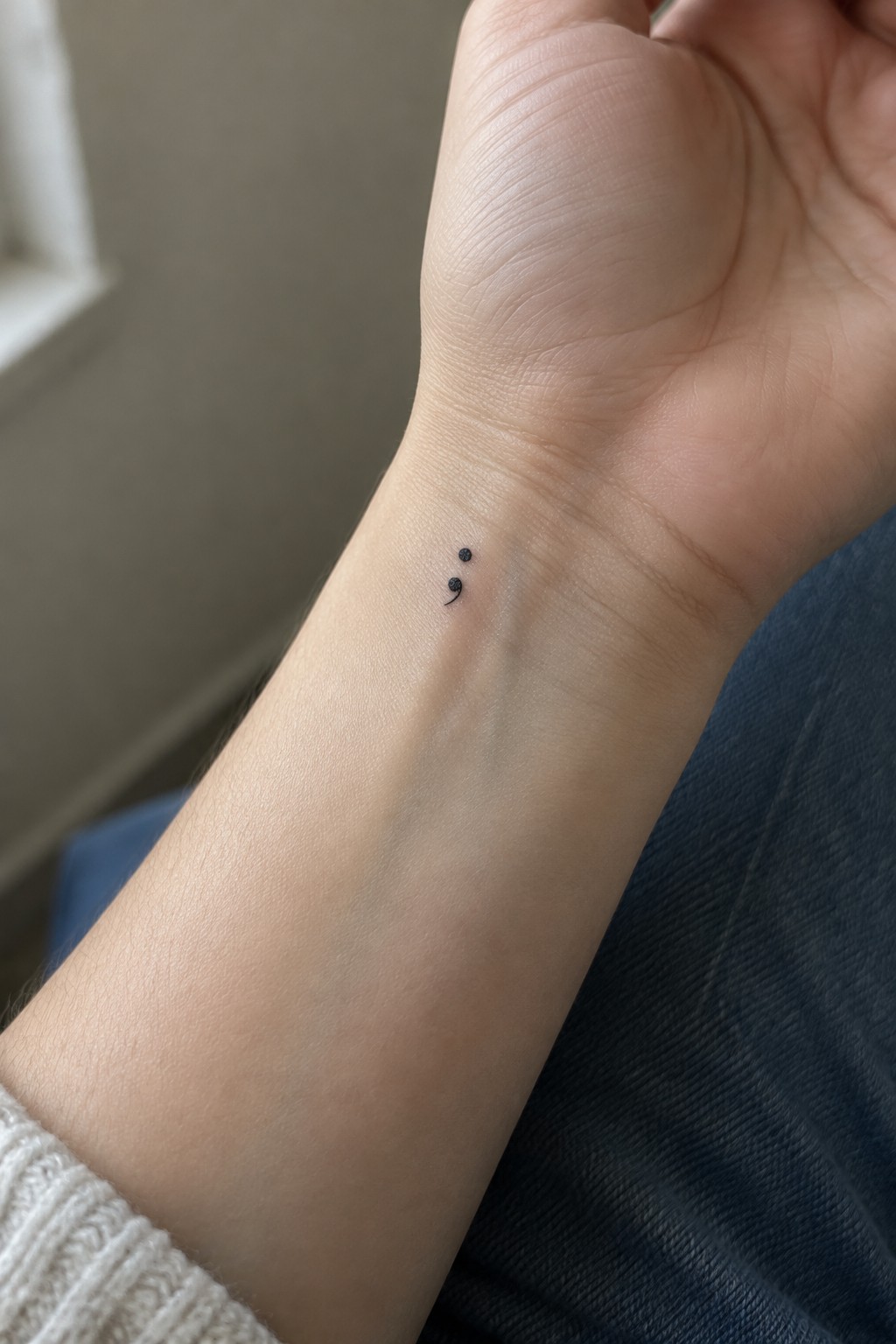 Close up of a tiny black semicolon tattoo on the inner wrist, created with fine dots and a minimal curve.