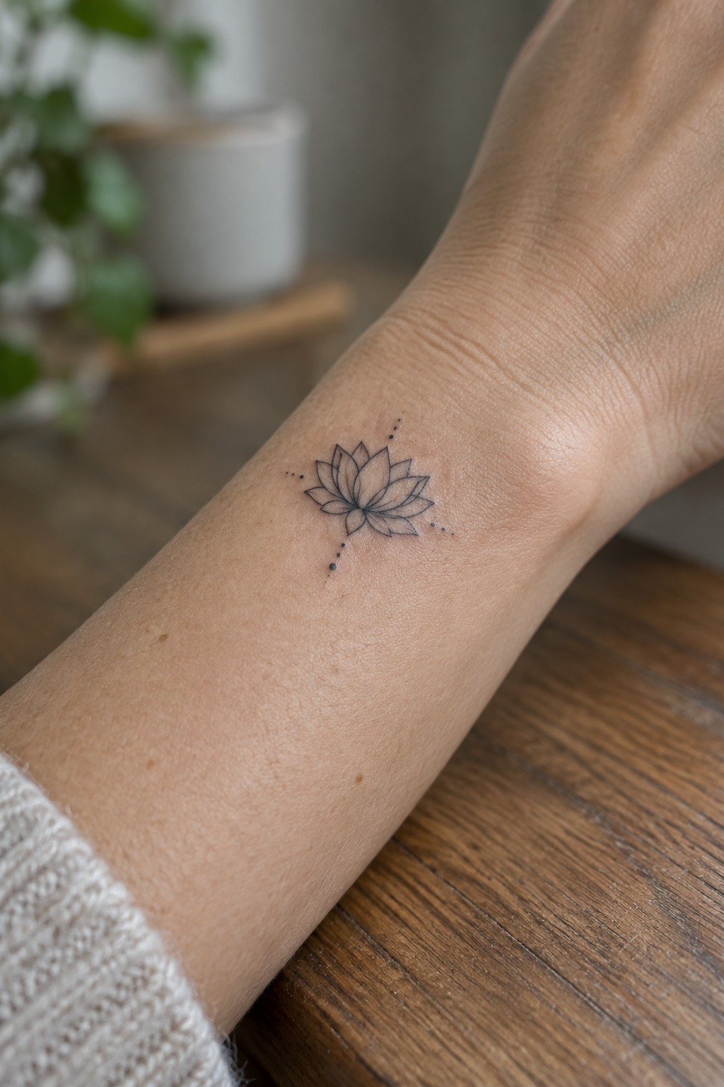 Small minimalist lotus flower tattoo on the inner wrist done in fine black lines with dotted accents.