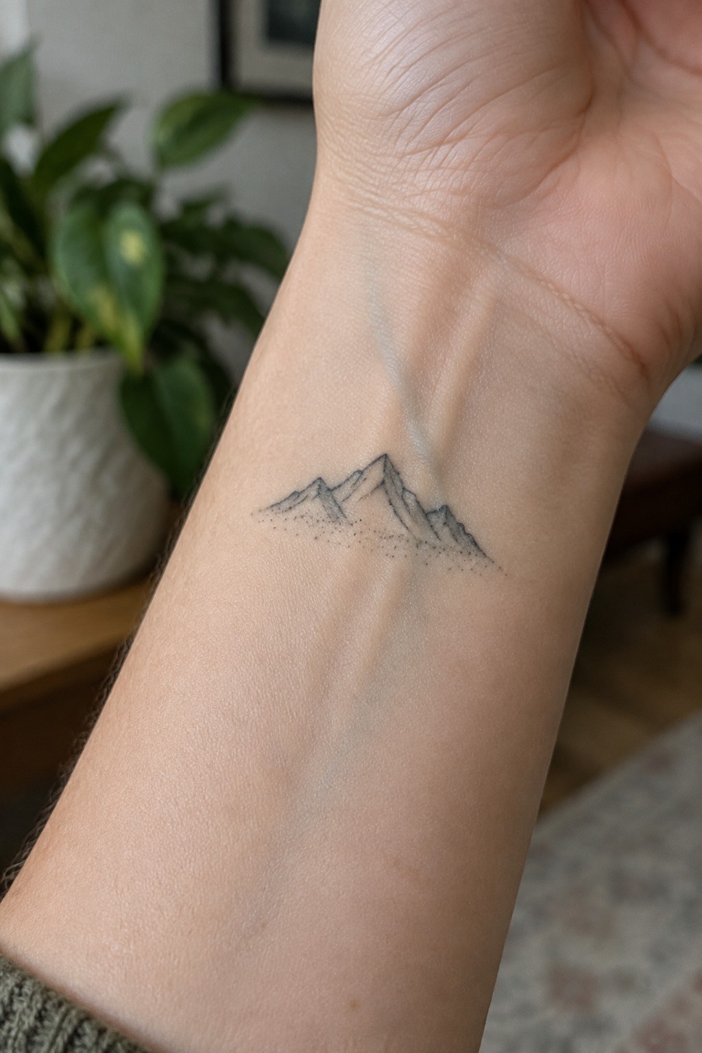 Black mountain tattoo on light wrist above green knitted sleeve cuff