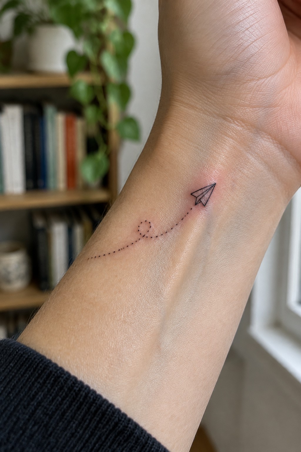 Paper airplane tattoo with dotted looping path on wrist above dark sweater