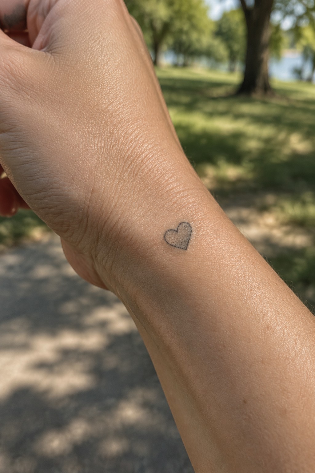 Small black dotted heart tattoo on wrist with blurred park background