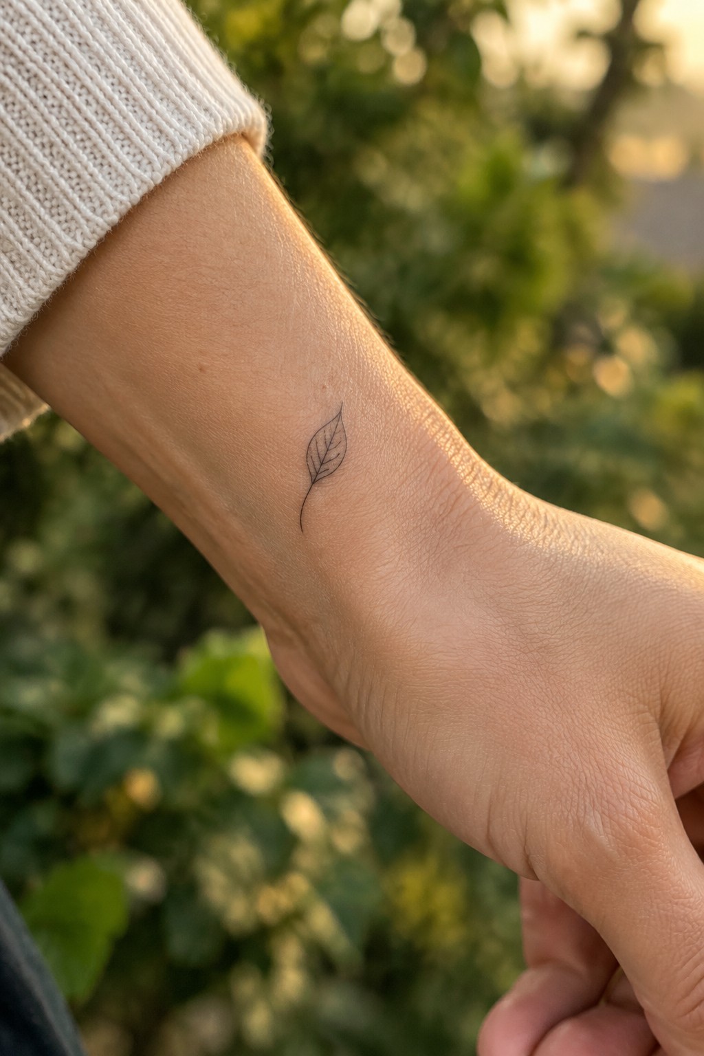 Fine line leaf tattoo on the inner wrist of a person's arm