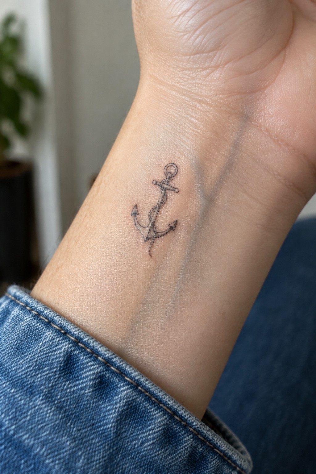 Small black anchor tattoo on wrist above blue denim cuff