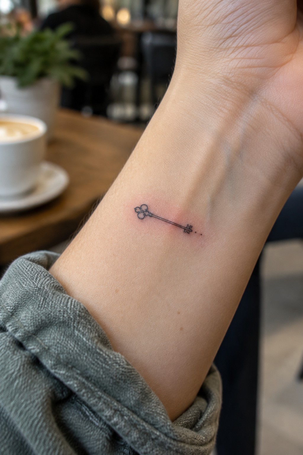 Small black key tattoo on wrist with red mark, gray sleeve, cafe table