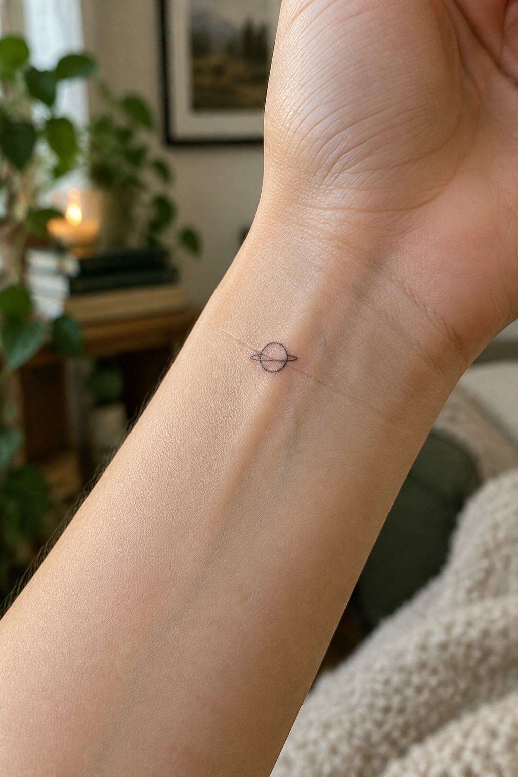 Small Saturn tattoo on inner wrist with blurred plants books and candle nearby