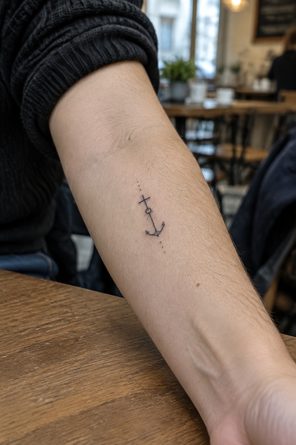 Black anchor tattoo on forearm resting on wooden cafe table