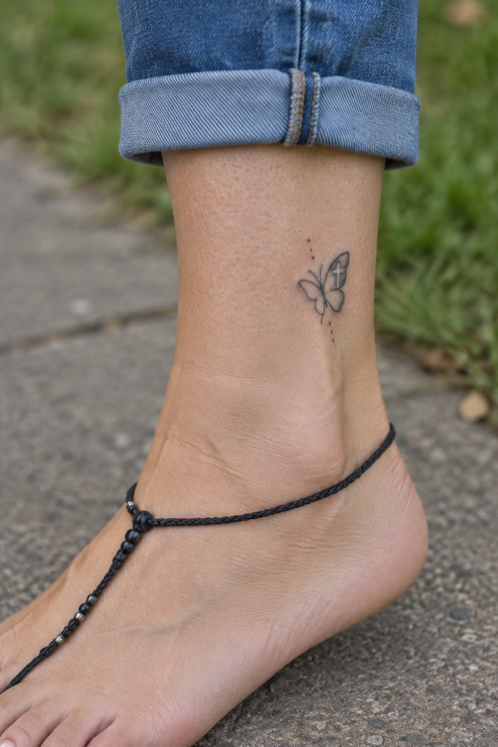Cuffed blue jeans, black beaded anklet, and butterfly cross tattoo on ankle