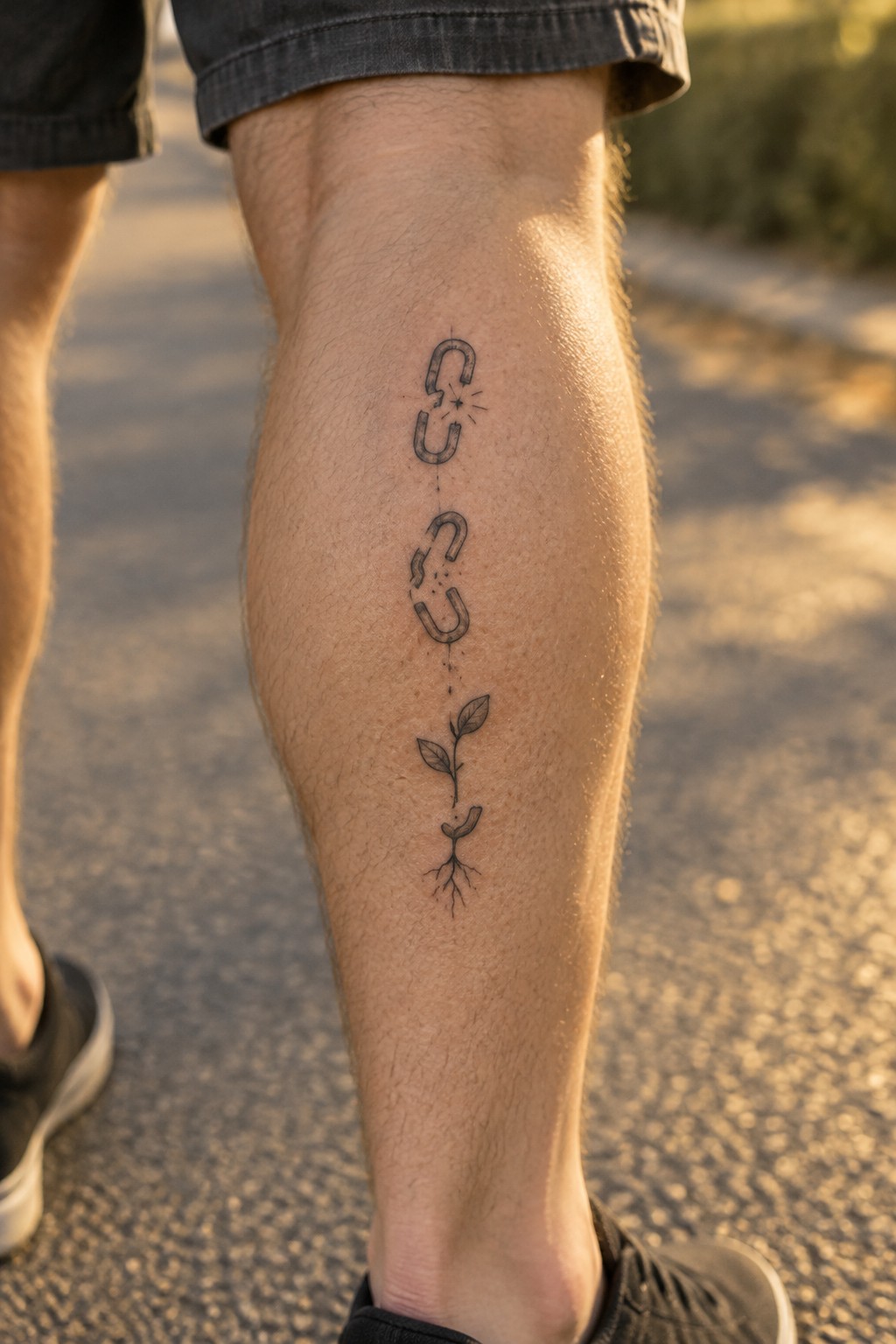 Leg tattoo of breaking chain links transforming into rooted plant sprout