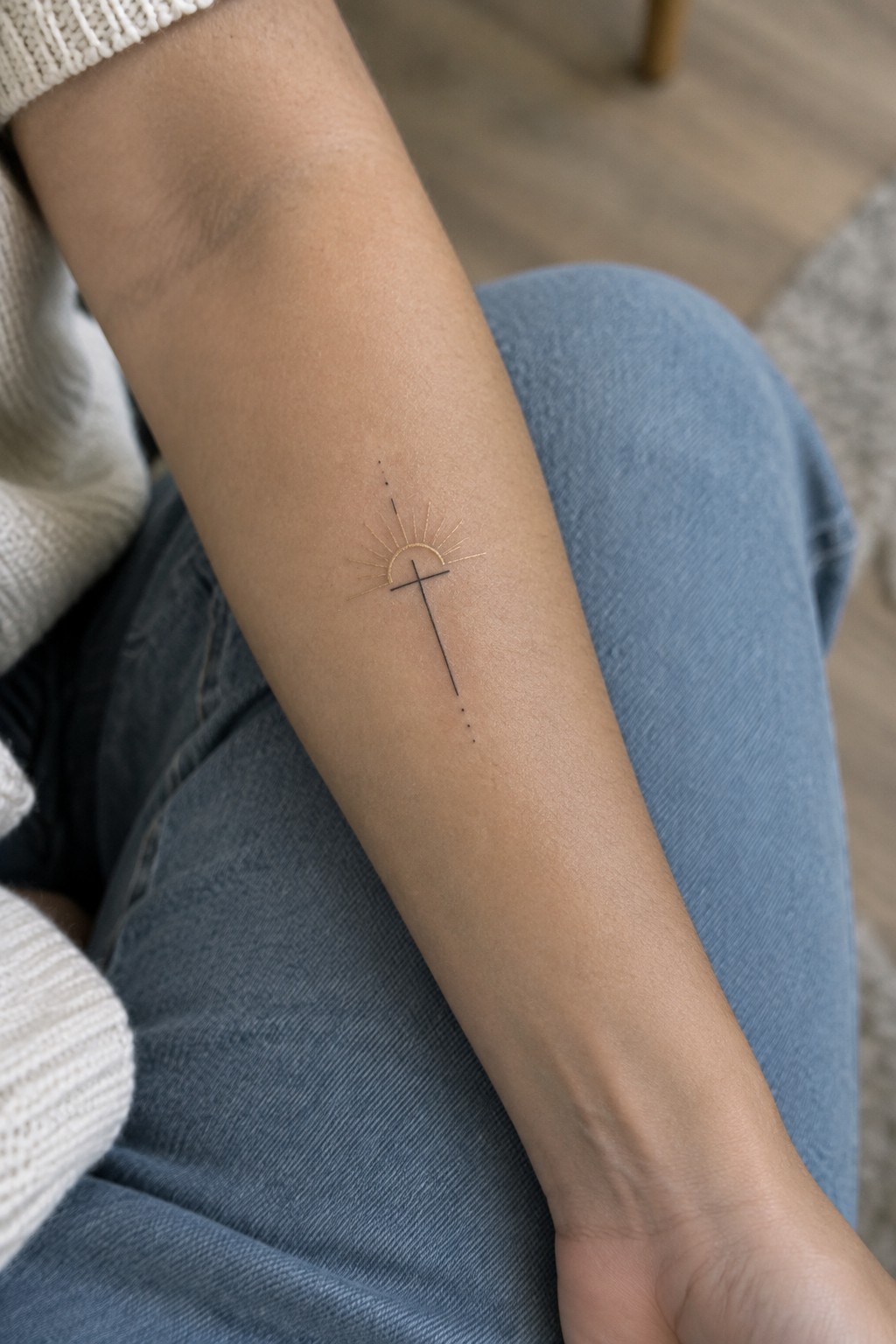 Minimalist line tattoo of a cross with sun rays on the inner forearm in fine black and gold ink