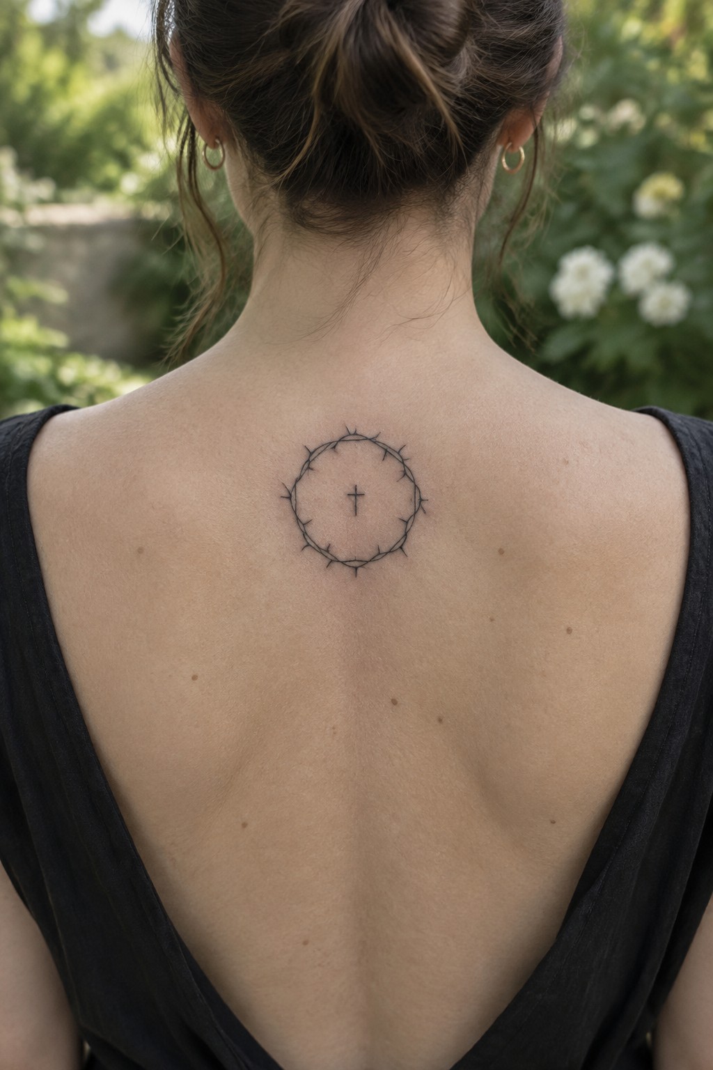 Woman's back with circular crown of thorns tattoo and central cross, black low-back top.