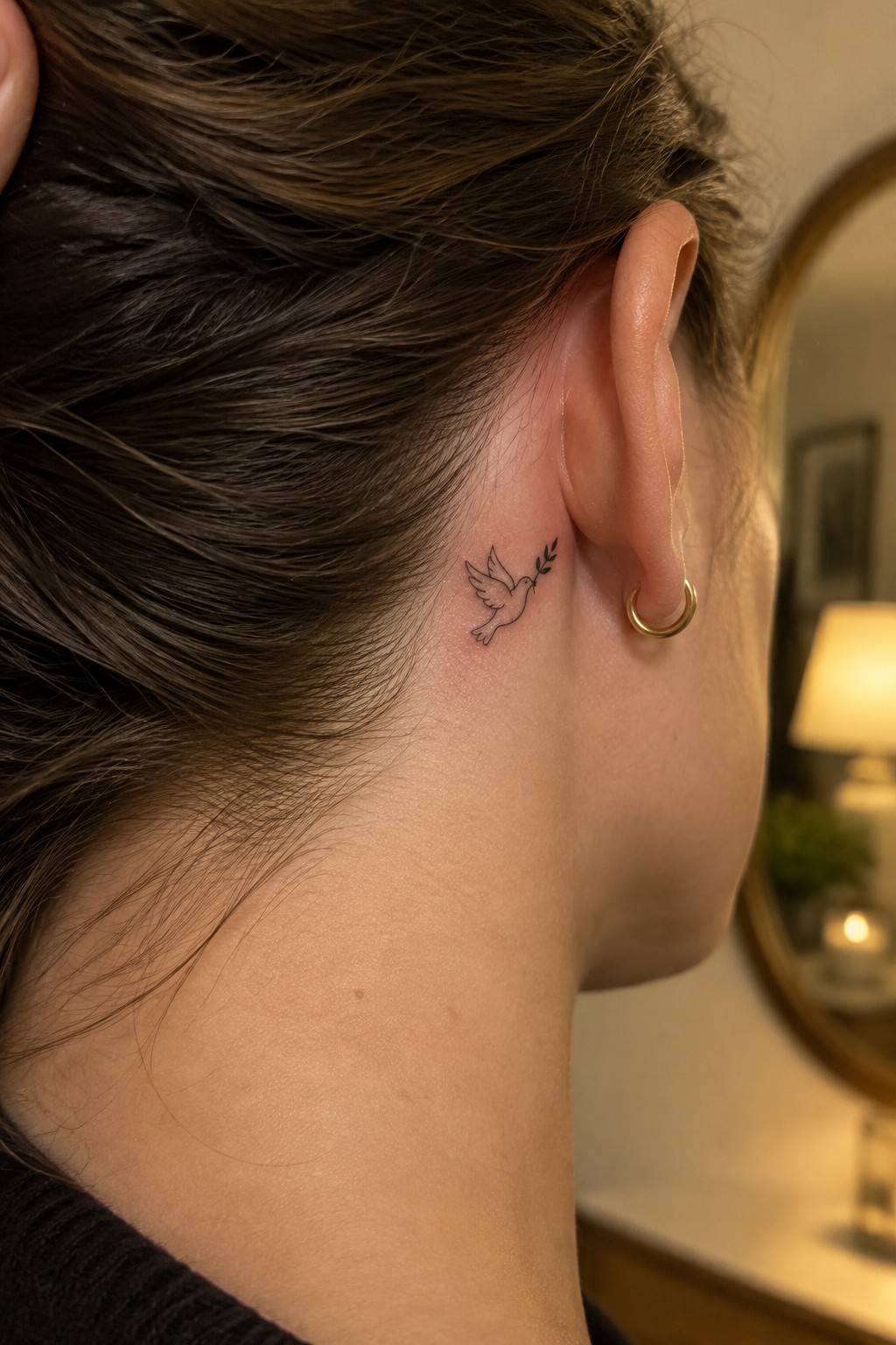 Small black line tattoo of a flying dove holding an olive branch, placed behind the ear on the side of a person's head.