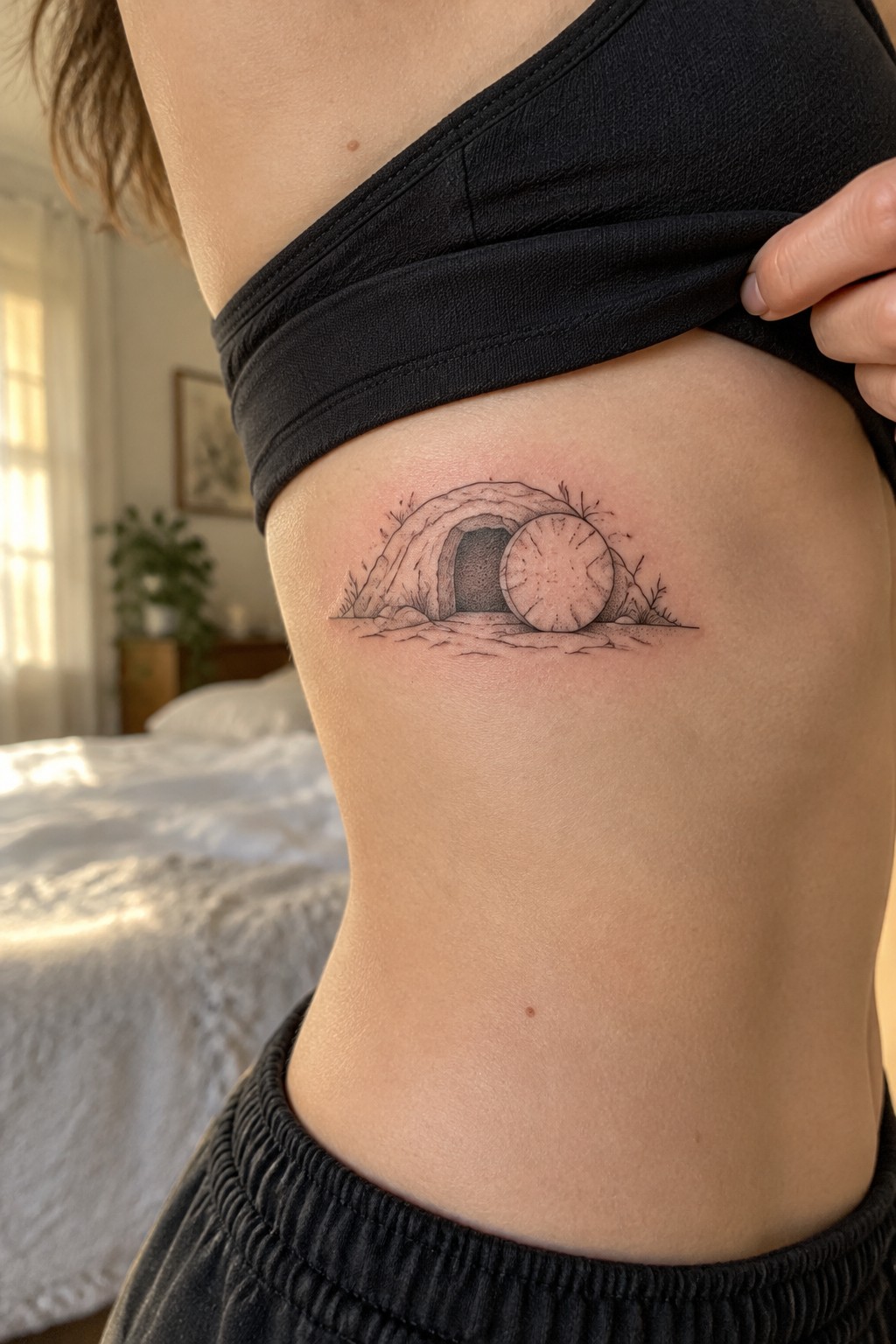 Black crop top lifted to show fine-line cave and boulder tattoo on ribs.