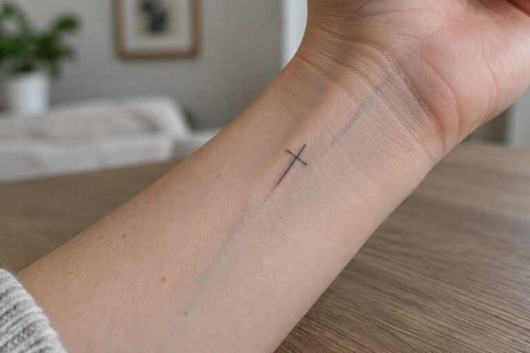 Small black cross tattoo on wrist with surrounding dots and freckles