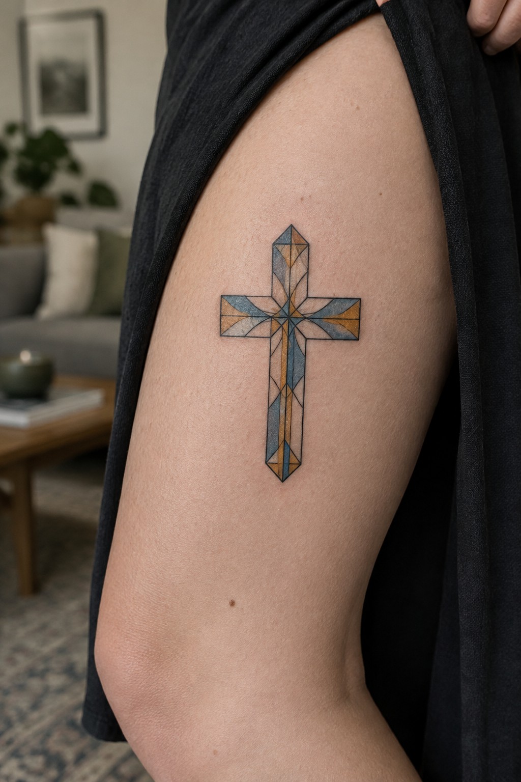 Geometric cross tattoo in blue and orange on person's upper arm under black shirt