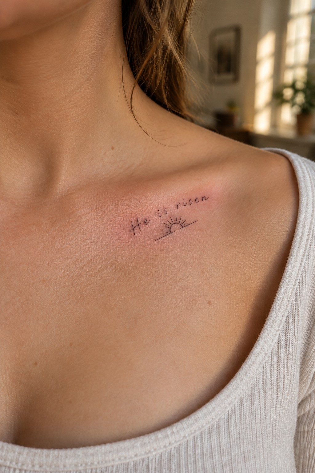 Close-up of 'He is risen' tattoo with sunrise symbol on fair shoulder in white top.