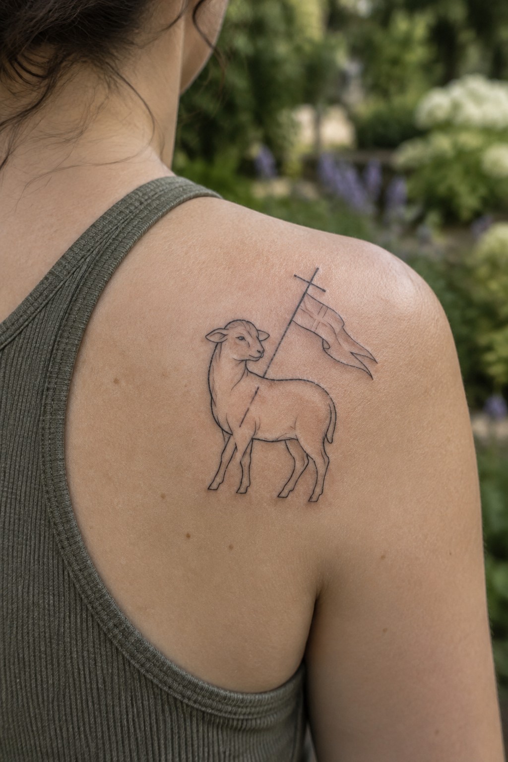Lamb with cross banner tattoo on shoulder above olive tank top in garden