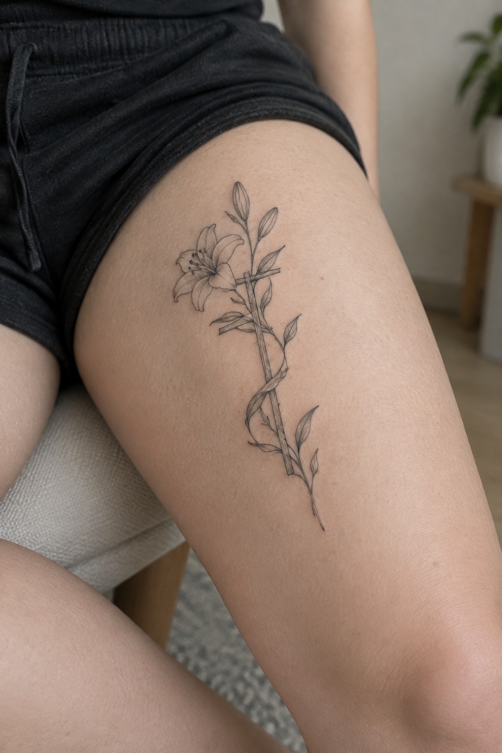 Black ink lily tattoo with cross on thigh in dark shorts