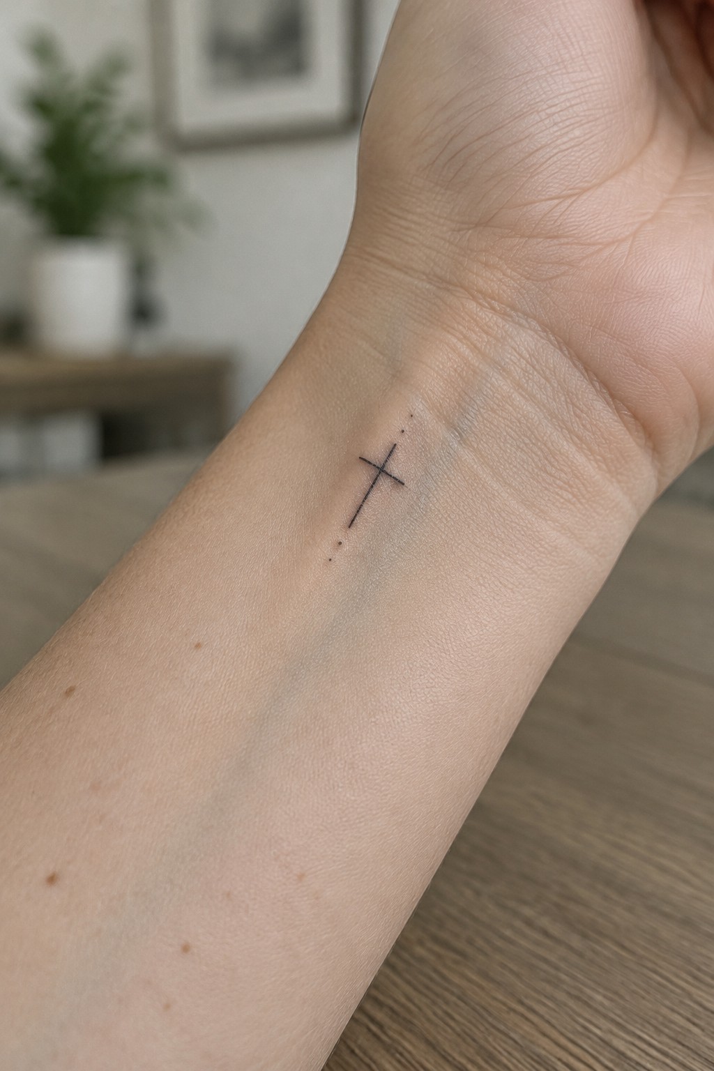 Small black cross tattoo on wrist with surrounding dots and freckles