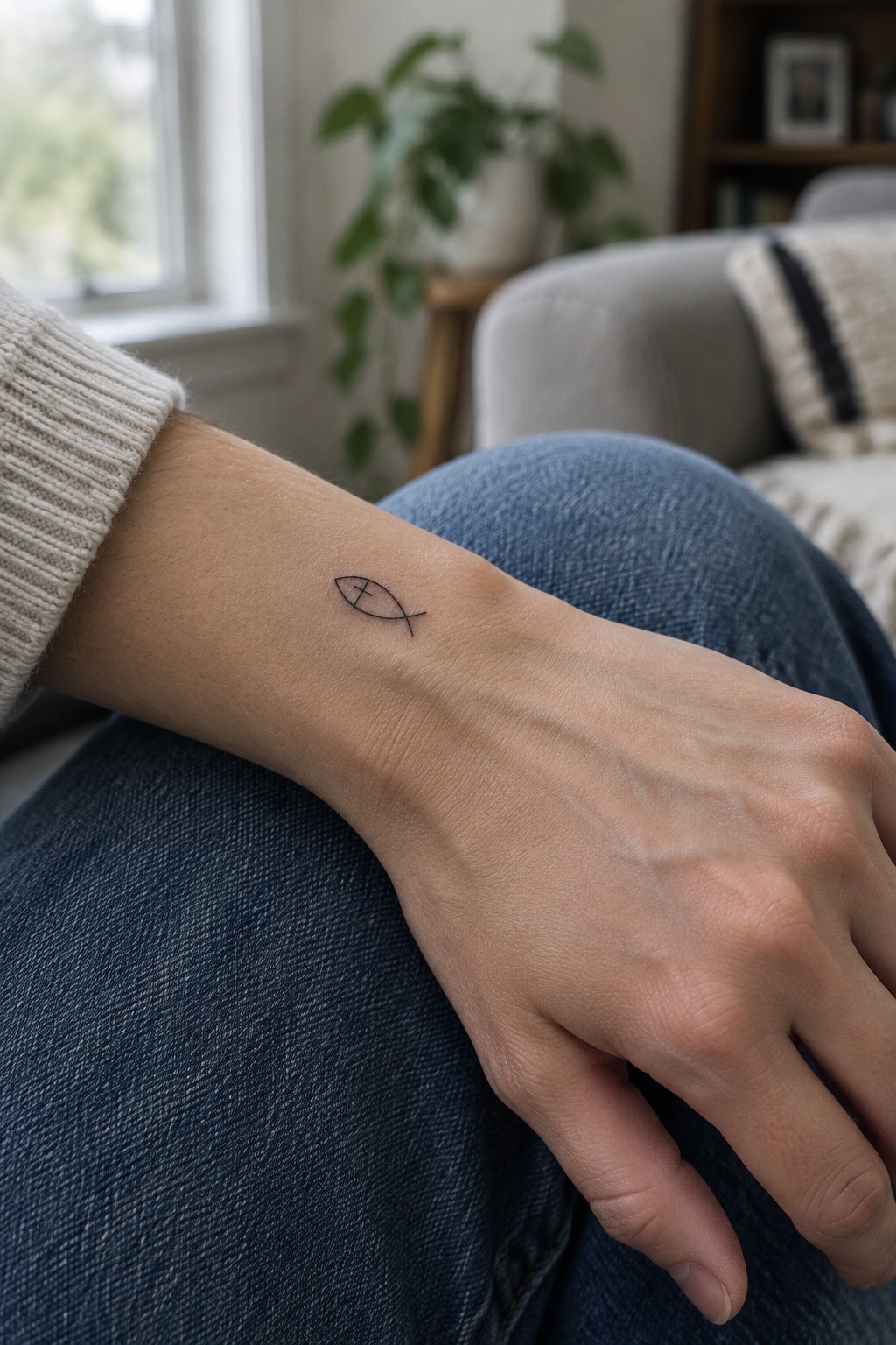 Wrist with small fish tattoo resting on blue denim jeans, beige knit sweater visible