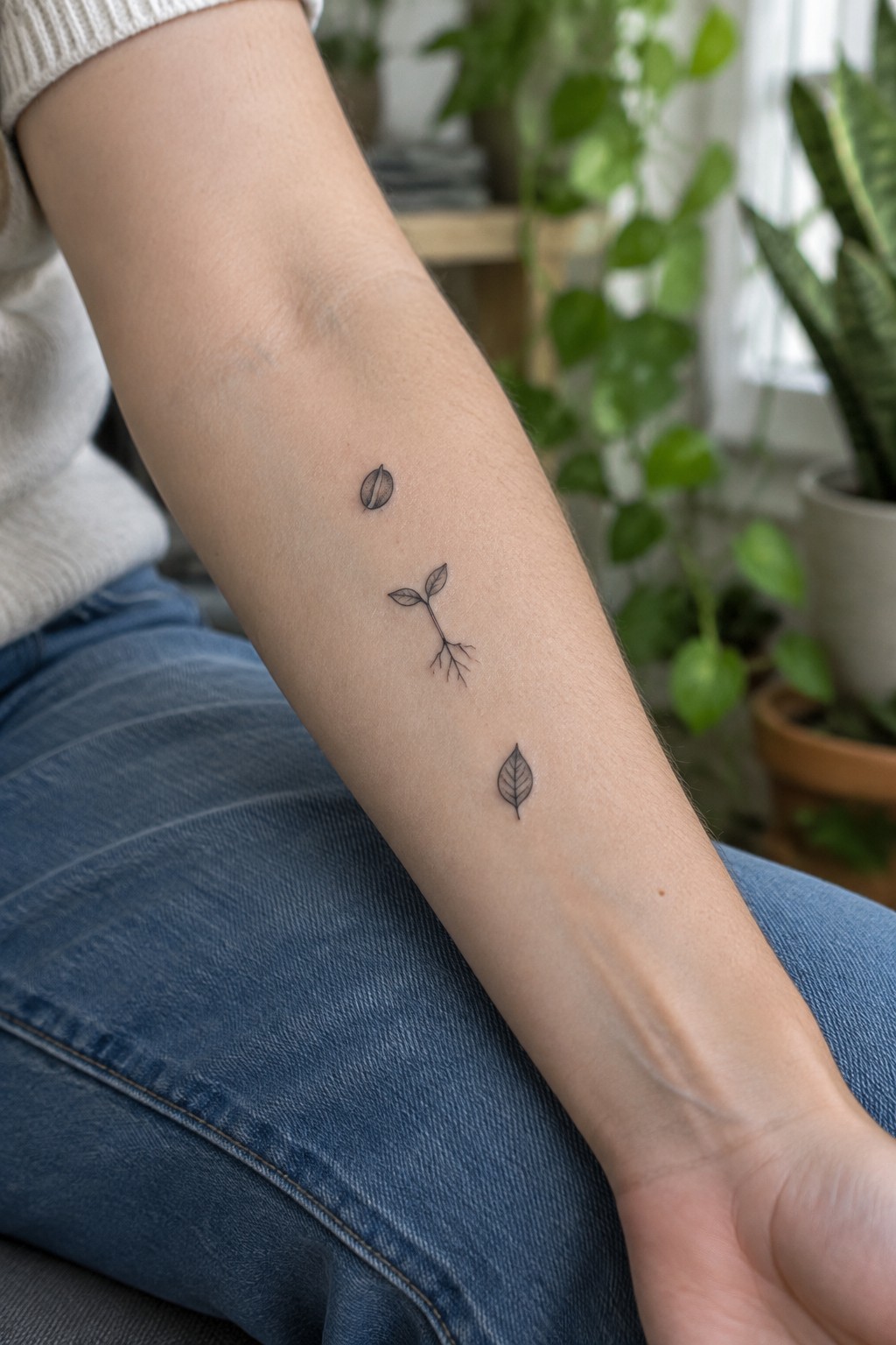 Minimalist line tattoo on the inner forearm showing a seed above a sprouting plant with roots and a single leaf below, arranged in a vertical sequence.