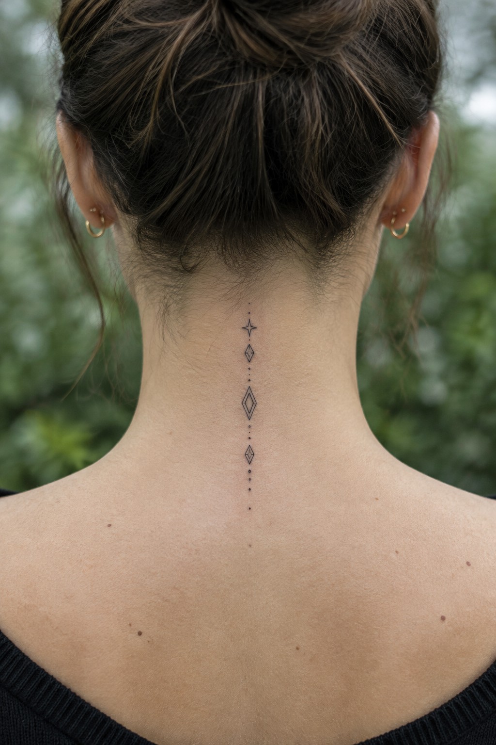 Fine-line geometric tattoo running vertically down the back of a woman’s neck.