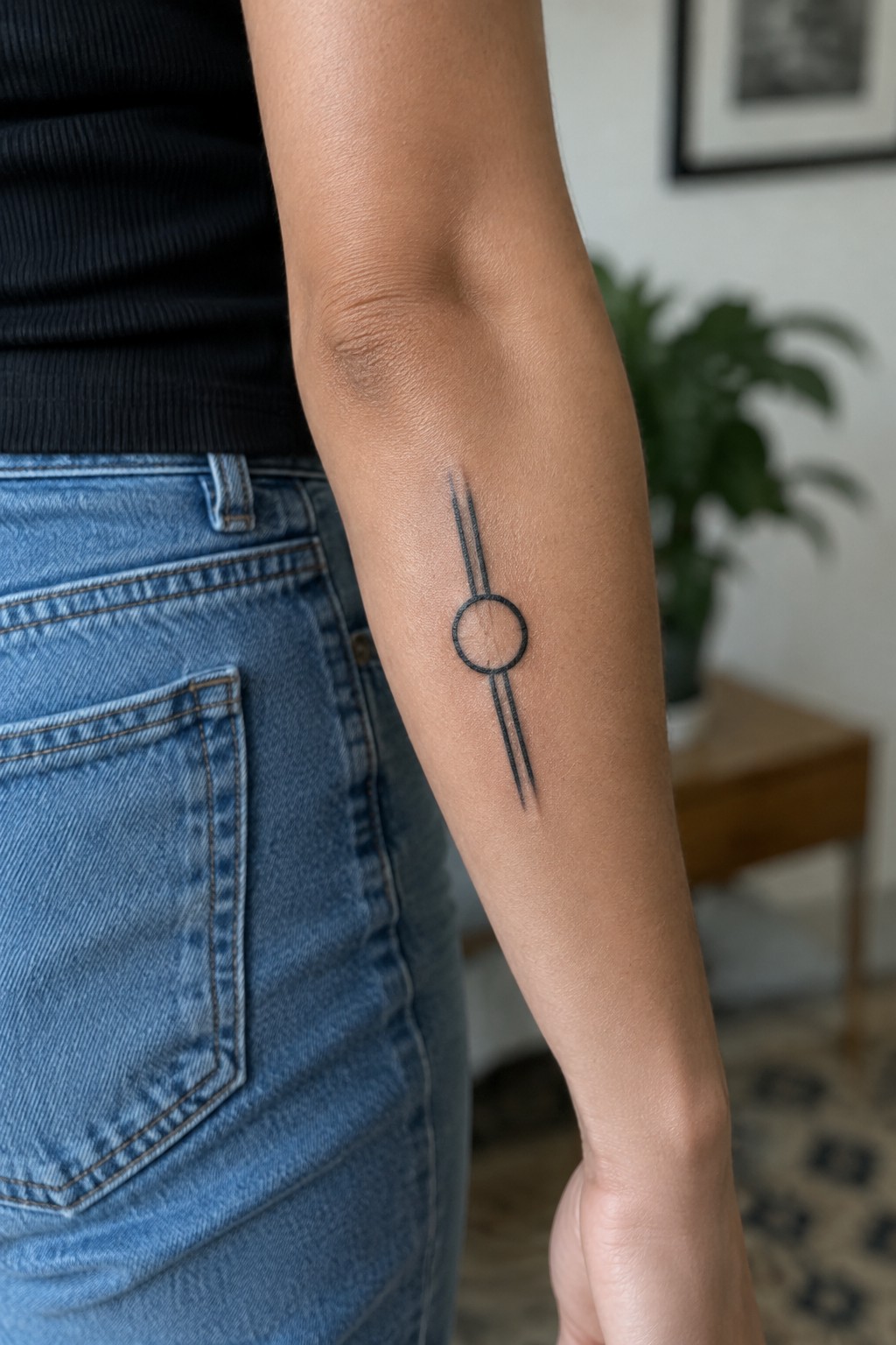 Small black geometric tattoo with a circle crossed by two parallel lines on the inner forearm.