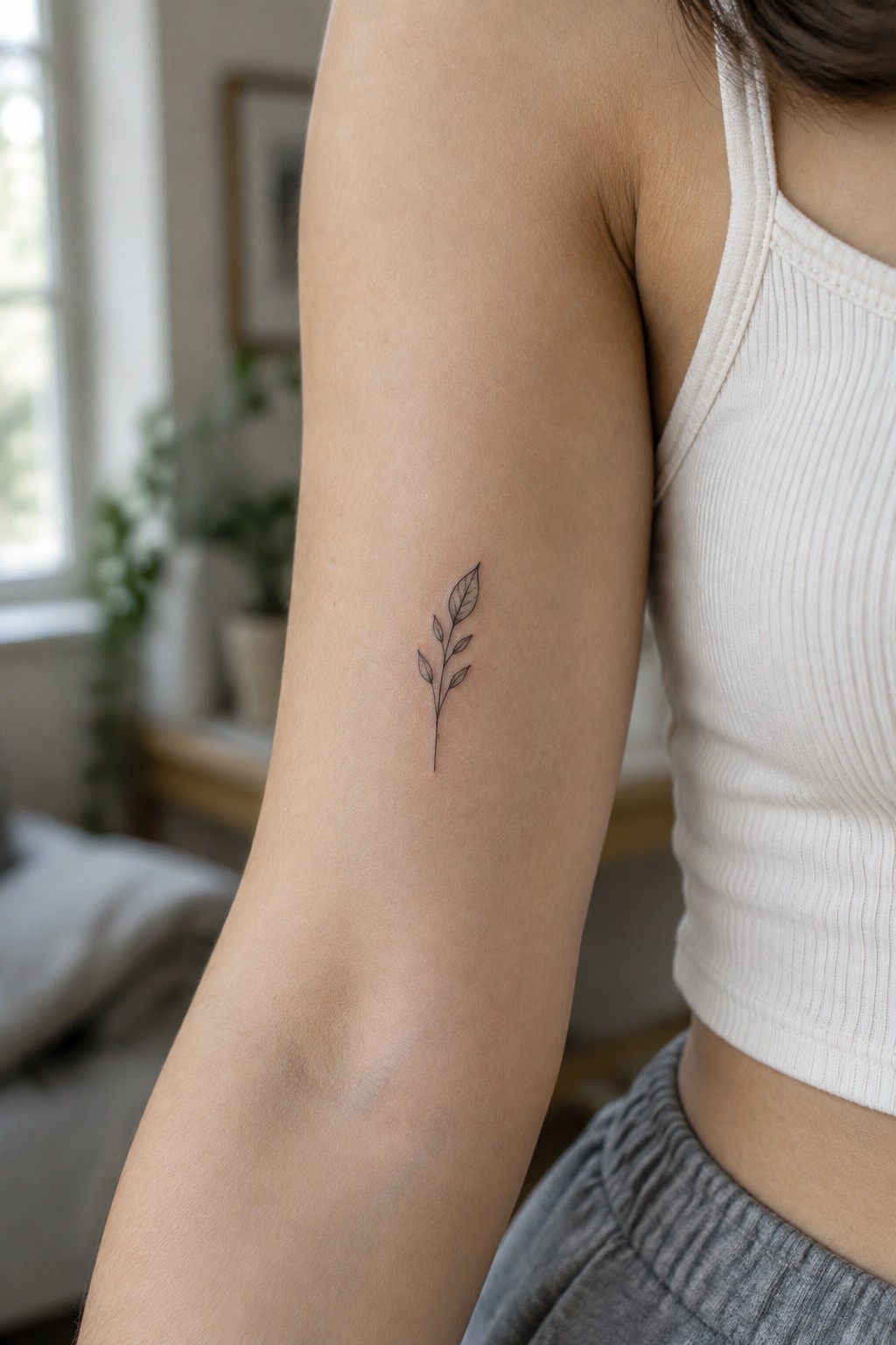 Small fine-line leafy sprig tattoo on the outer upper arm of a woman wearing a white ribbed top.