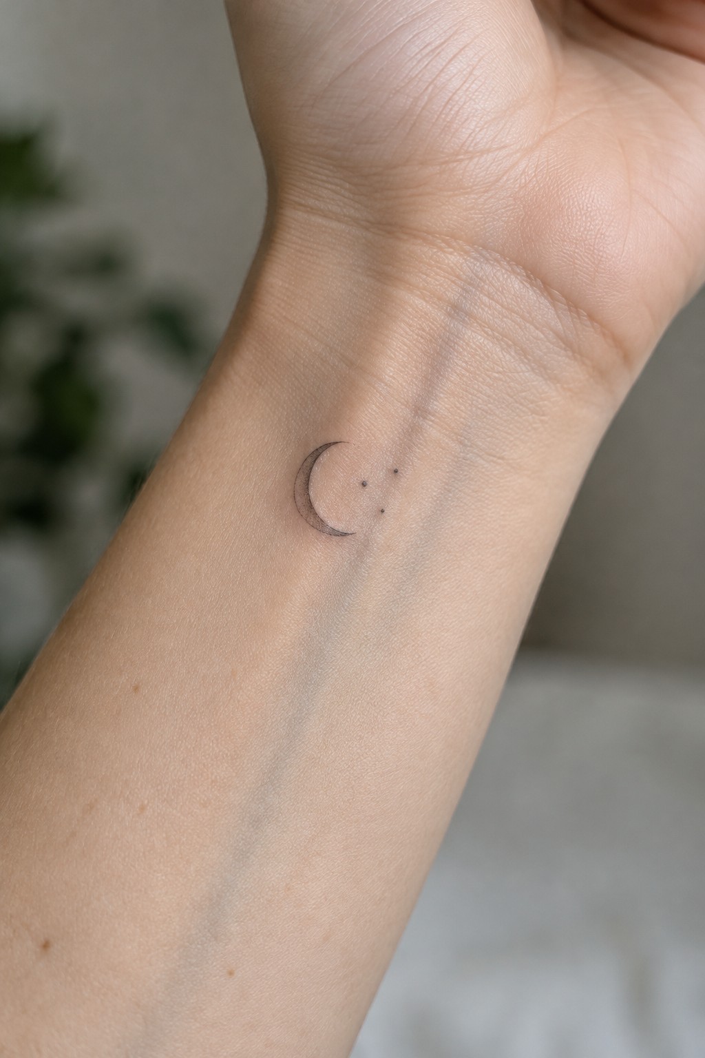Small fine-line crescent moon tattoo with three dots on the inner wrist.