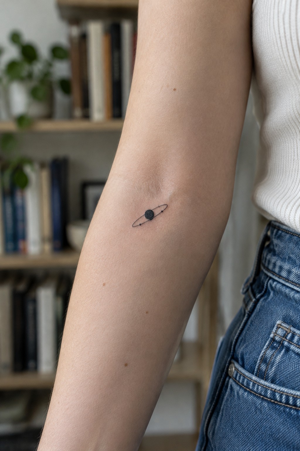 Small black Saturn tattoo with a fine-line orbital ring on the inner forearm.