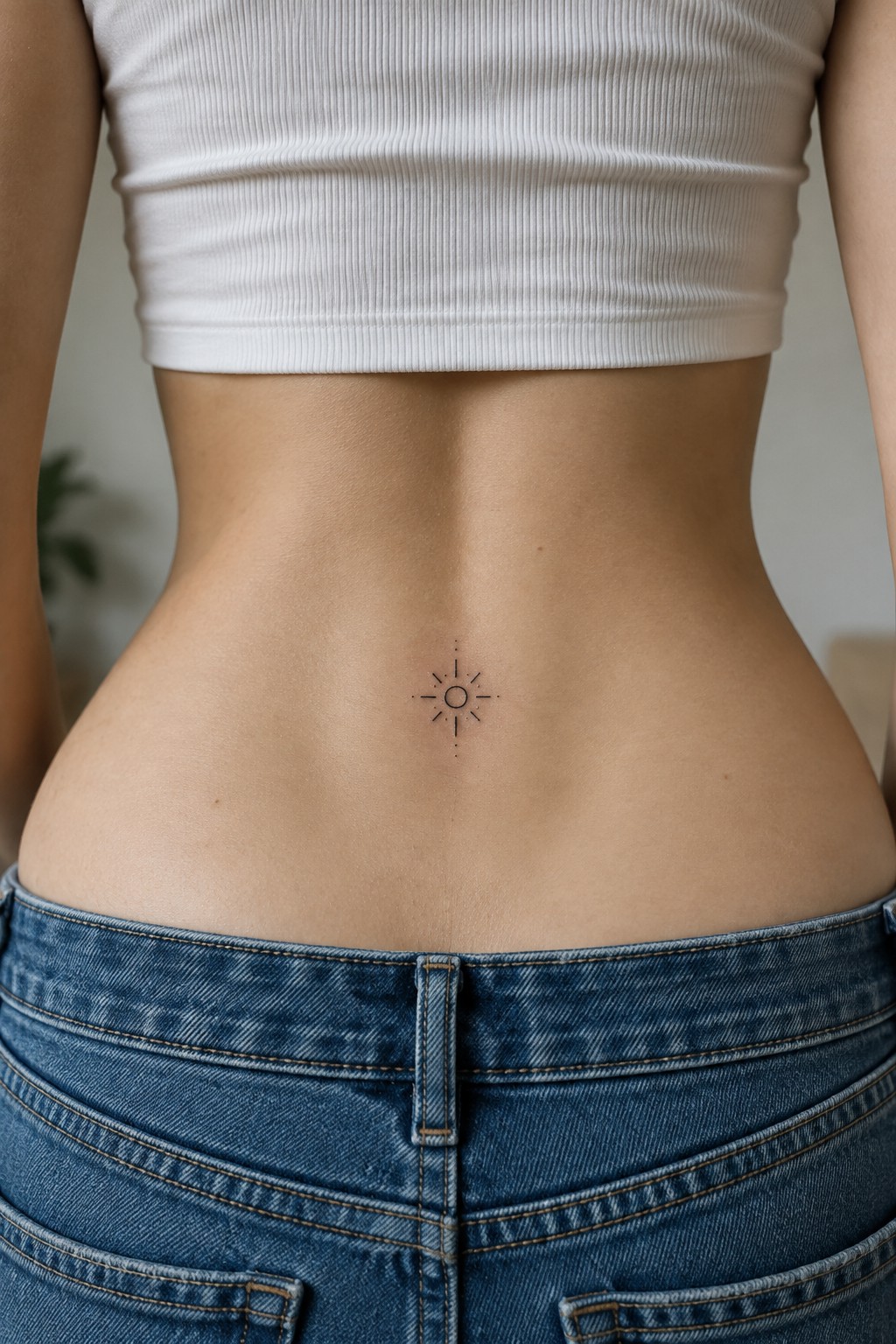 Small fine-line sun tattoo centered on a woman’s lower back above blue jeans.