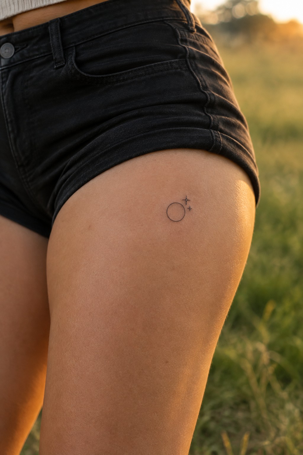 Small fine-line sun tattoo with two sparkle accents on the upper thigh below black shorts.