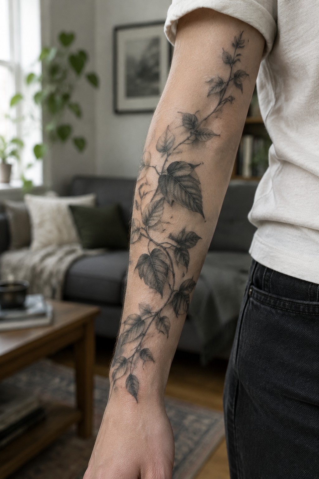 Black-and-gray leafy vine tattoo running from the upper forearm toward the wrist.