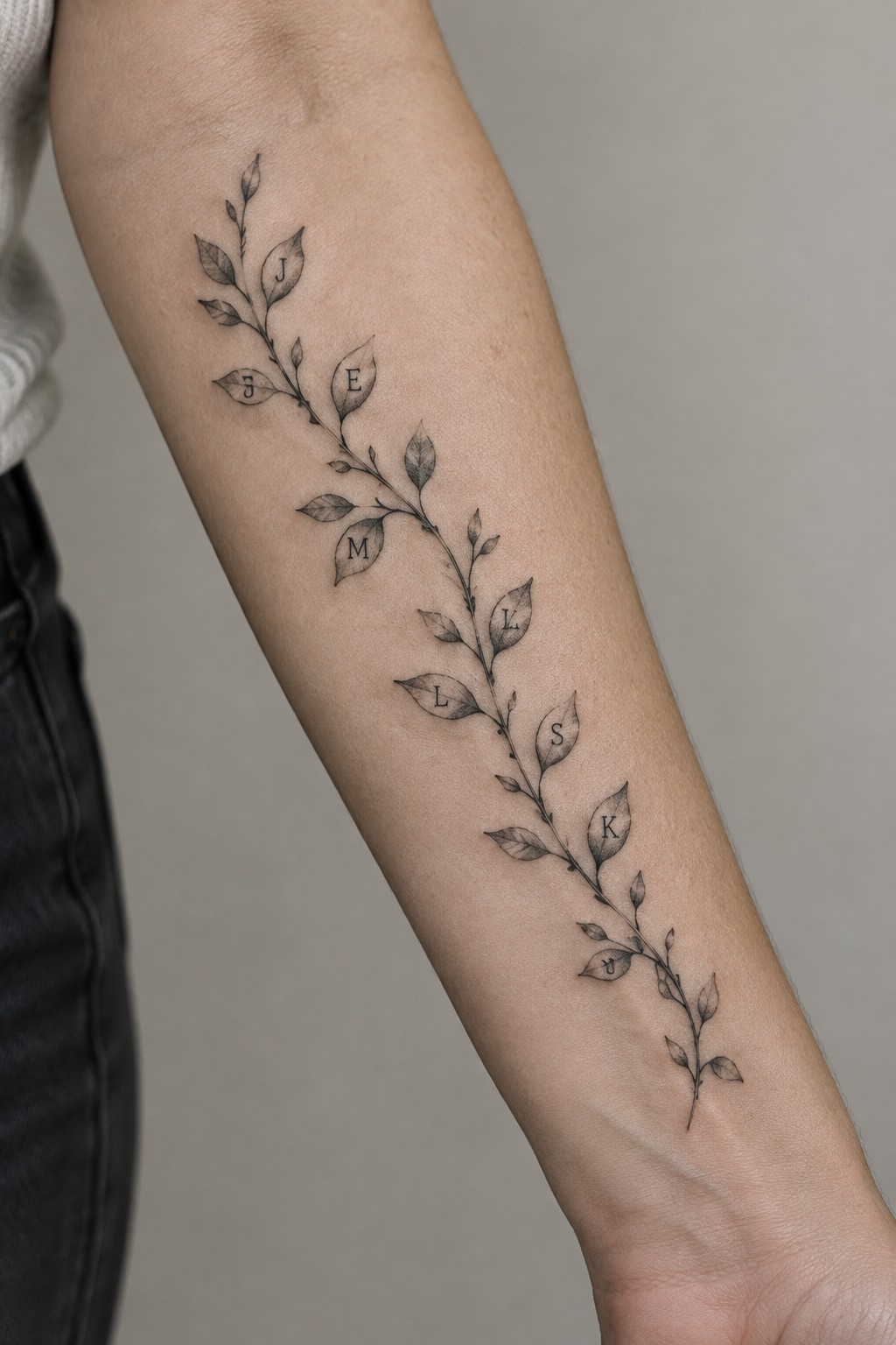 Fine-line leafy branch tattoo with initials inside several leaves, running lengthwise along a woman’s forearm.
