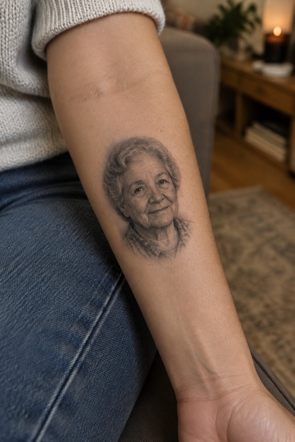 Small black-and-gray portrait tattoo of an older woman on the forearm.