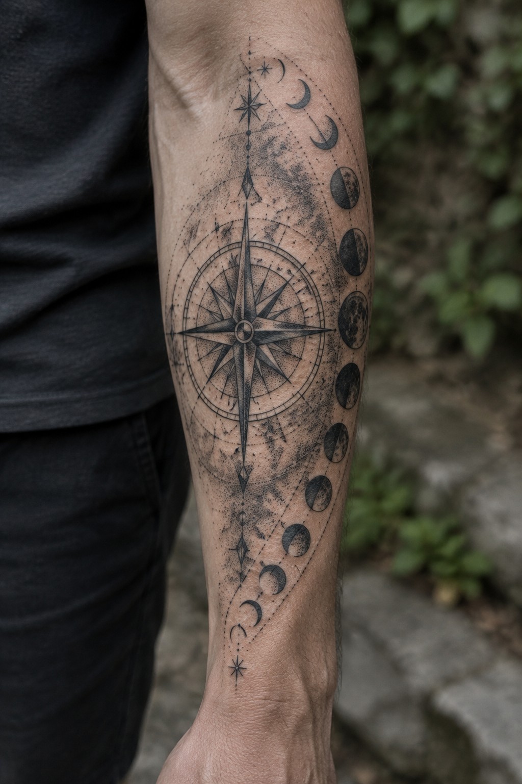 Black and gray forearm tattoo featuring a detailed compass rose, a line of moon phases, and small stars.