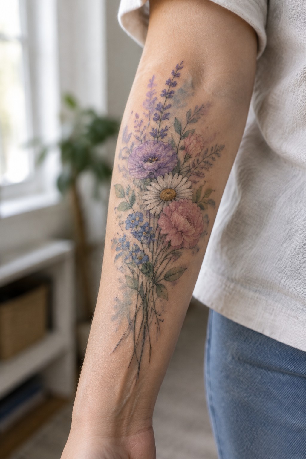 Colorful watercolor bouquet tattoo with purple, pink, blue, and white flowers along a woman’s inner forearm.