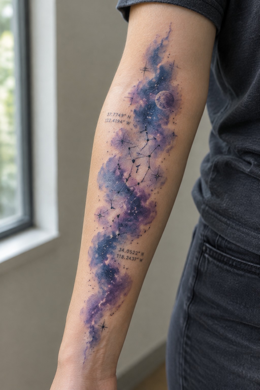 Purple and blue watercolor galaxy tattoo with a moon, constellation lines, and coordinate markings running down a woman’s forearm.