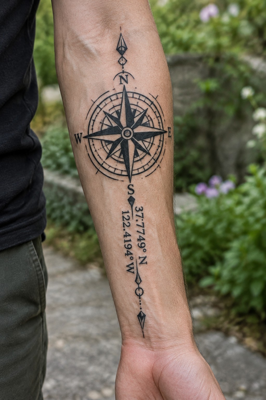 Black compass rose tattoo with cardinal directions and location coordinates running lengthwise along a forearm.