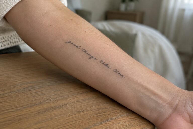 18 Sophisticated Meaningful Forearm Tattoos for Women That Tell a Personal Story Fine-line cursive tattoo reading “better things are coming” along a woman’s inner forearm.