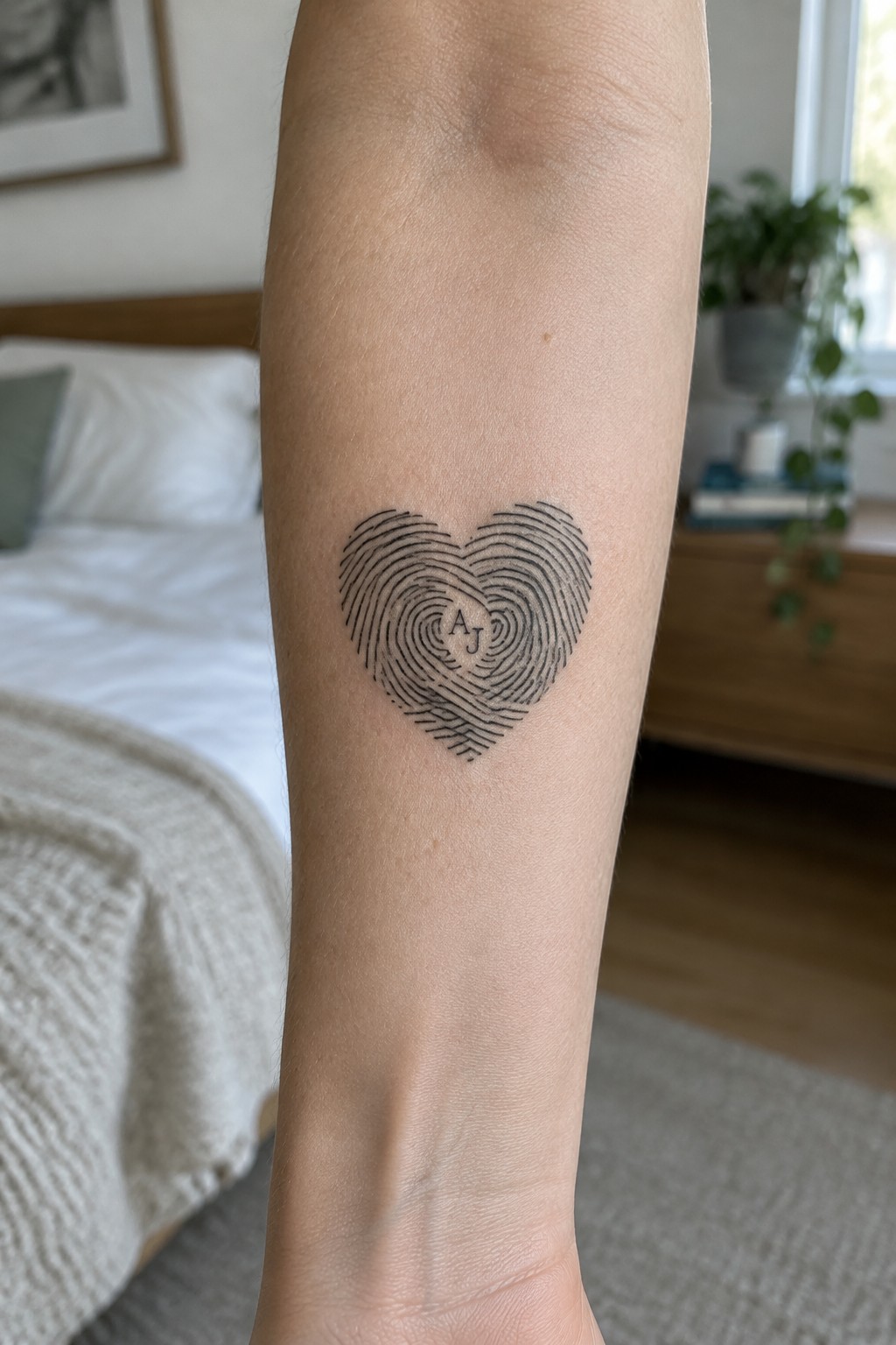Small black fingerprint heart tattoo with initials on the inner forearm.
