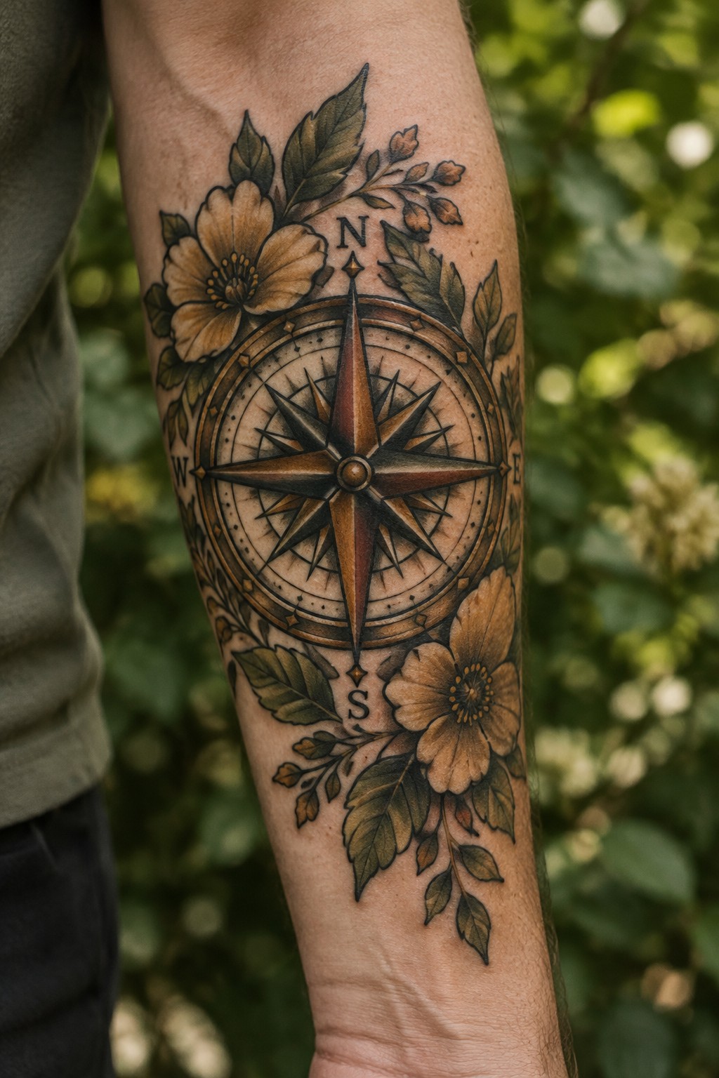 Large forearm tattoo of a shaded compass rose surrounded by flowers and leaves, with N, E, S, and W lettering.