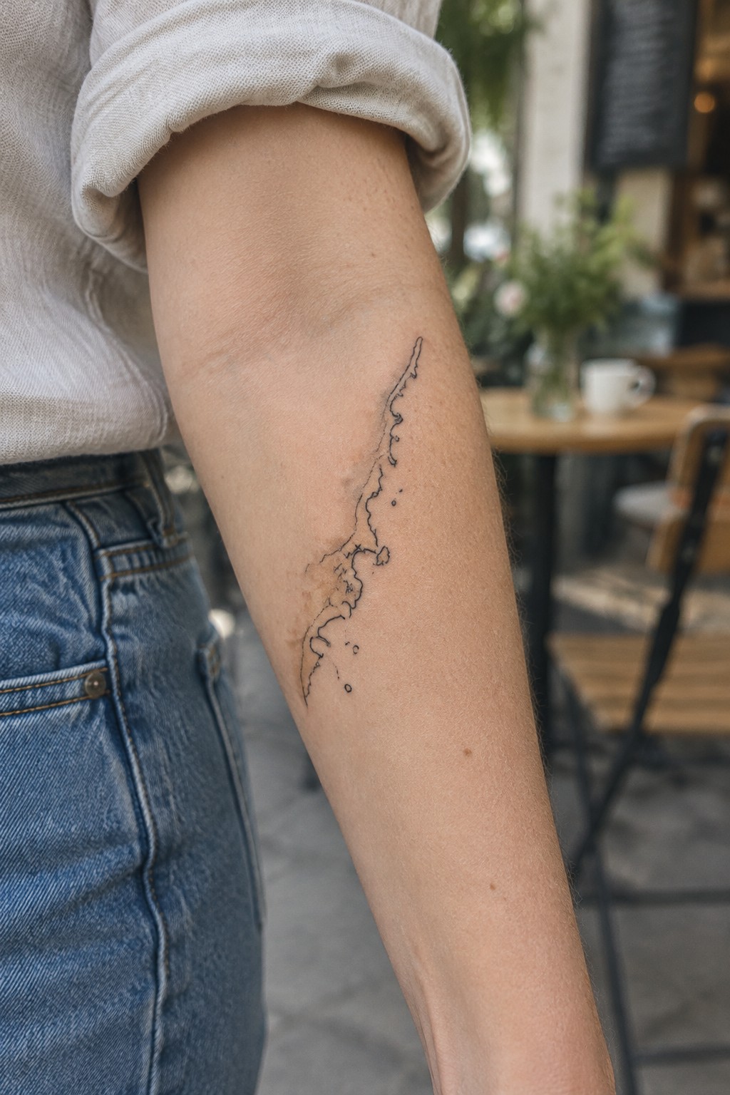 Fine-line outline map of Japan tattooed lengthwise on a woman’s forearm.